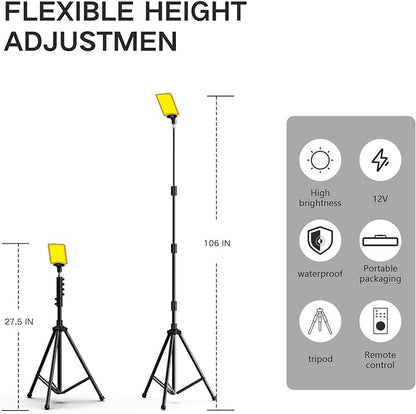 CONPEX LED Work Light with Tripod Stand 9600lm 12V Camping Lights Remote Control Flood Lights Outdoor Telescopic Pole Light for Fishing at Night Garden Park Backyard Lighting